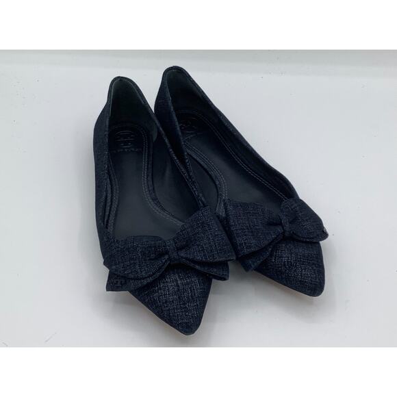 Tory Burch Flats Size 6.5 Dark Denim Pointed Toe With Bow Accents - Picture 1 of 8